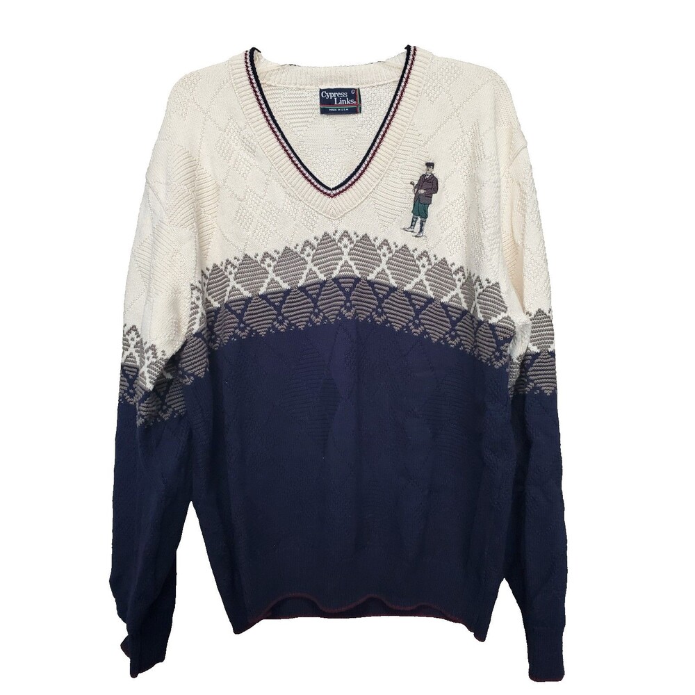 Cypress Links Men's V-Neck Embroidered Long Sleeve Pullover Sweater Vintage LGE